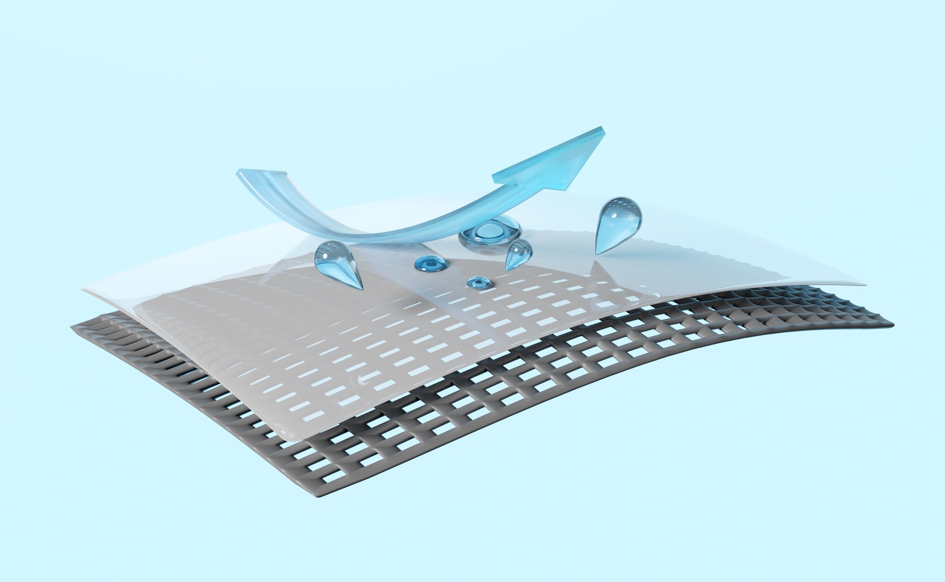 3d layered sheet waterproof with arrow, materials, fabric, rubber, film transparent with water droplets, minimal abstract, 3d render illustration, isolated on blue background, clipping path
